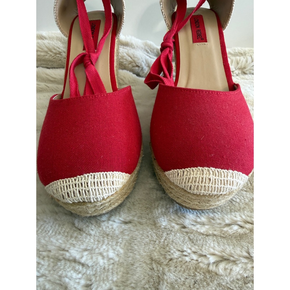 London Rebel Womens Red Canvas Espadrille Wedge Sandals Lace Up Ankle Tie Size10